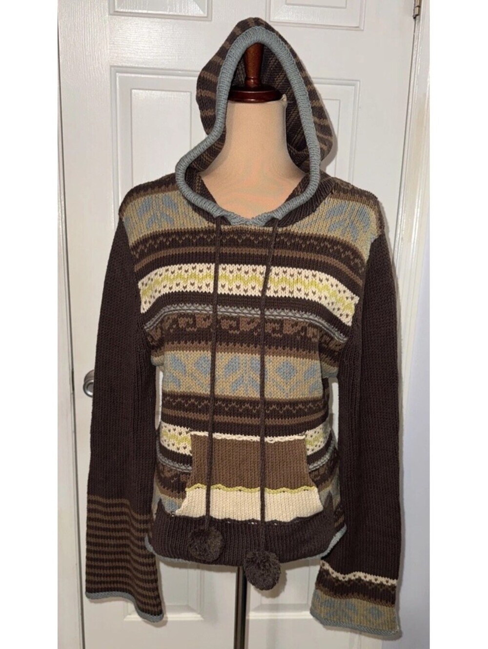 Tsunami Beach Bum Boho Hippie  Knit Chunky Hooded Sweater Womens Size Large